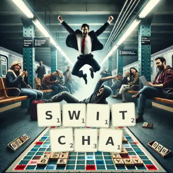 Illustration créative d'un jeu de lettres avec le mot SWITCHA épelé sur le plateau.