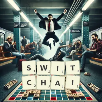 Illustration créative d'un jeu de lettres avec le mot SWITCHAI épelé sur le plateau.