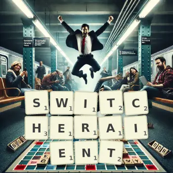 Illustration créative d'un jeu de lettres avec le mot SWITCHERAIENT épelé sur le plateau.