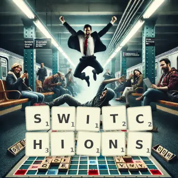 Illustration créative d'un jeu de lettres avec le mot SWITCHIONS épelé sur le plateau.