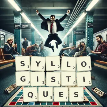Illustration créative d'un jeu de lettres avec le mot SYLLOGISTIQUES épelé sur le plateau.