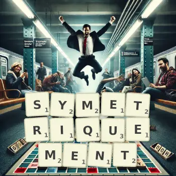 Illustration créative d'un jeu de lettres avec le mot SYMETRIQUEMENT épelé sur le plateau.