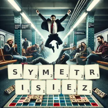 Illustration créative d'un jeu de lettres avec le mot SYMETRISIEZ épelé sur le plateau.