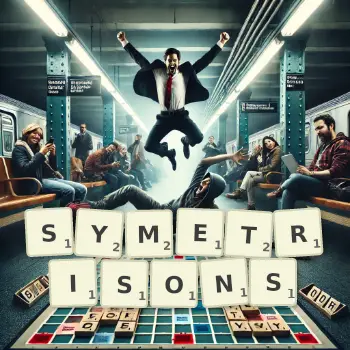 Illustration créative d'un jeu de lettres avec le mot SYMETRISONS épelé sur le plateau.