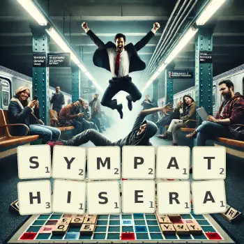 Illustration créative d'un jeu de lettres avec le mot SYMPATHISERA épelé sur le plateau.