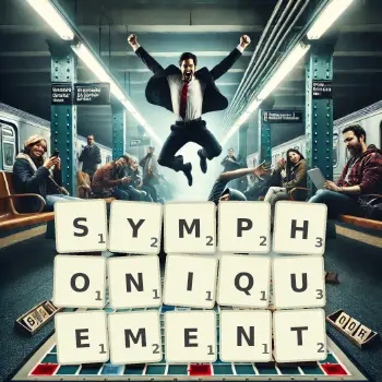 Illustration créative d'un jeu de lettres avec le mot SYMPHONIQUEMENT épelé sur le plateau.