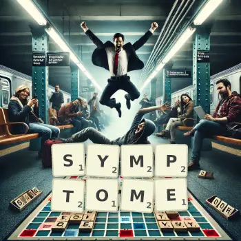 Illustration créative d'un jeu de lettres avec le mot SYMPTOME épelé sur le plateau.