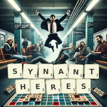 Illustration créative d'un jeu de lettres avec le mot SYNANTHERES épelé sur le plateau.