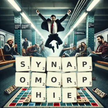 Illustration créative d'un jeu de lettres avec le mot SYNAPOMORPHIE épelé sur le plateau.