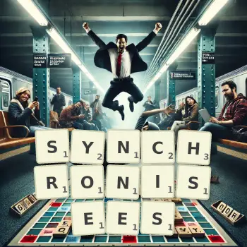 Illustration créative d'un jeu de lettres avec le mot SYNCHRONISEES épelé sur le plateau.