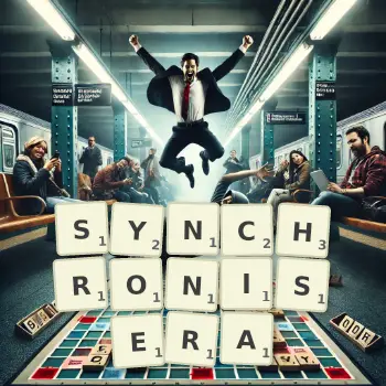 Illustration créative d'un jeu de lettres avec le mot SYNCHRONISERA épelé sur le plateau.