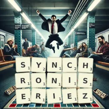 Illustration créative d'un jeu de lettres avec le mot SYNCHRONISERIEZ épelé sur le plateau.