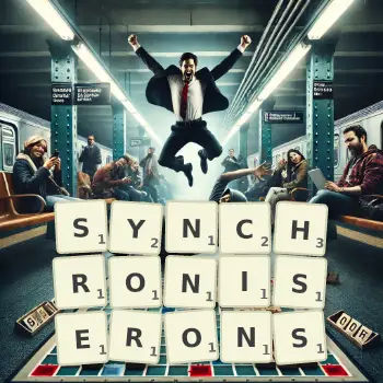 Illustration créative d'un jeu de lettres avec le mot SYNCHRONISERONS épelé sur le plateau.