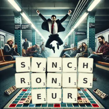 Illustration créative d'un jeu de lettres avec le mot SYNCHRONISEUR épelé sur le plateau.