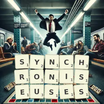 Illustration créative d'un jeu de lettres avec le mot SYNCHRONISEUSES épelé sur le plateau.