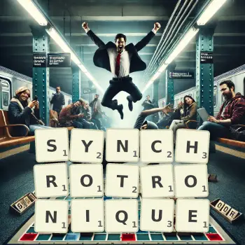 Illustration créative d'un jeu de lettres avec le mot SYNCHROTRONIQUE épelé sur le plateau.