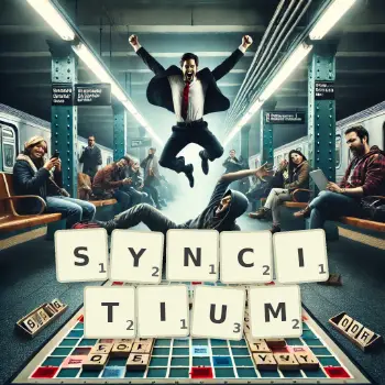 Illustration créative d'un jeu de lettres avec le mot SYNCITIUM épelé sur le plateau.