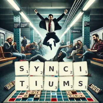 Illustration créative d'un jeu de lettres avec le mot SYNCITIUMS épelé sur le plateau.