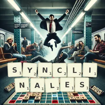 Illustration créative d'un jeu de lettres avec le mot SYNCLINALES épelé sur le plateau.