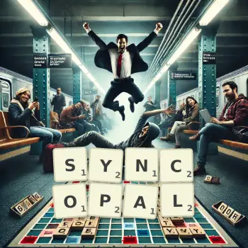 Illustration créative d'un jeu de lettres avec le mot SYNCOPAL épelé sur le plateau.