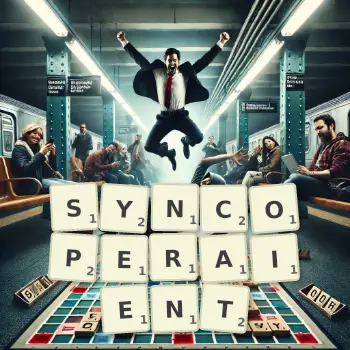 Illustration créative d'un jeu de lettres avec le mot SYNCOPERAIENT épelé sur le plateau.