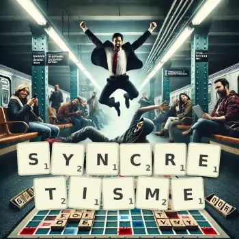 Illustration créative d'un jeu de lettres avec le mot SYNCRETISME épelé sur le plateau.