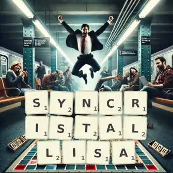 Illustration créative d'un jeu de lettres avec le mot SYNCRISTALLISA épelé sur le plateau.