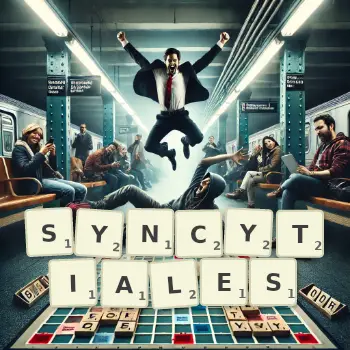 Illustration créative d'un jeu de lettres avec le mot SYNCYTIALES épelé sur le plateau.