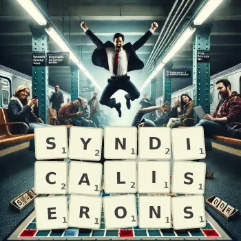 Illustration créative d'un jeu de lettres avec le mot SYNDICALISERONS épelé sur le plateau.