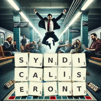 Illustration créative d'un jeu de lettres avec le mot SYNDICALISERONT épelé sur le plateau.