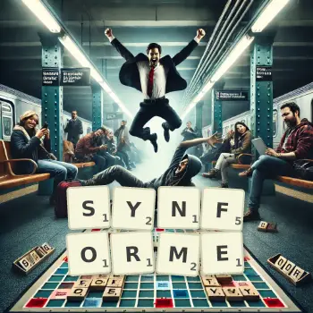 Illustration créative d'un jeu de lettres avec le mot SYNFORME épelé sur le plateau.