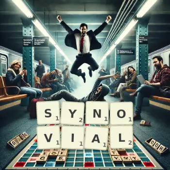 Illustration créative d'un jeu de lettres avec le mot SYNOVIAL épelé sur le plateau.