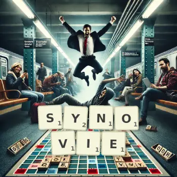 Illustration créative d'un jeu de lettres avec le mot SYNOVIE épelé sur le plateau.