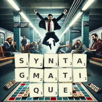 Illustration créative d'un jeu de lettres avec le mot SYNTAGMATIQUE épelé sur le plateau.