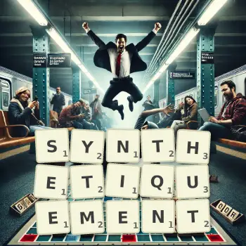 Illustration créative d'un jeu de lettres avec le mot SYNTHETIQUEMENT épelé sur le plateau.