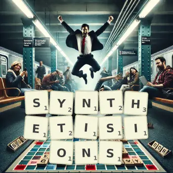 Illustration créative d'un jeu de lettres avec le mot SYNTHETISIONS épelé sur le plateau.