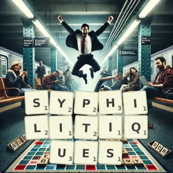 Illustration créative d'un jeu de lettres avec le mot SYPHILITIQUES épelé sur le plateau.