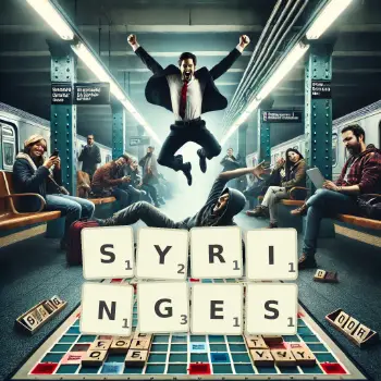 Illustration créative d'un jeu de lettres avec le mot SYRINGES épelé sur le plateau.