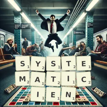 Illustration créative d'un jeu de lettres avec le mot SYSTEMATICIEN épelé sur le plateau.