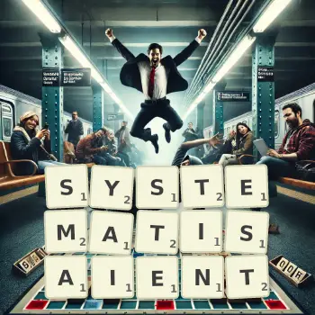 Illustration créative d'un jeu de lettres avec le mot SYSTEMATISAIENT épelé sur le plateau.