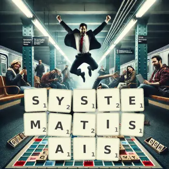 Illustration créative d'un jeu de lettres avec le mot SYSTEMATISAIS épelé sur le plateau.