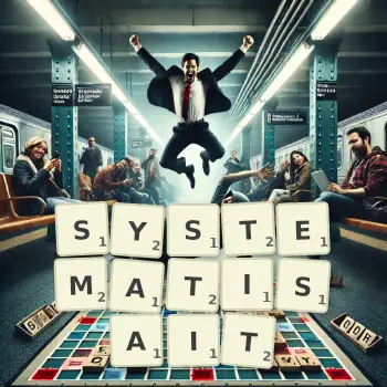 Illustration créative d'un jeu de lettres avec le mot SYSTEMATISAIT épelé sur le plateau.