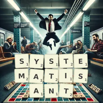 Illustration créative d'un jeu de lettres avec le mot SYSTEMATISANT épelé sur le plateau.