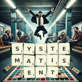 Illustration créative d'un jeu de lettres avec le mot SYSTEMATISENT épelé sur le plateau.