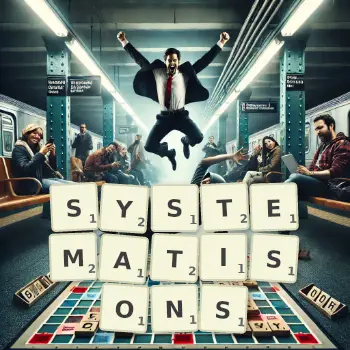Illustration créative d'un jeu de lettres avec le mot SYSTEMATISONS épelé sur le plateau.