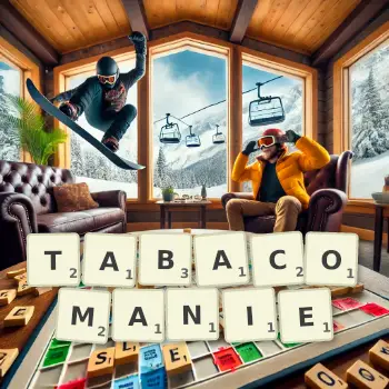 Illustration créative d'un jeu de lettres avec le mot TABACOMANIE épelé sur le plateau.