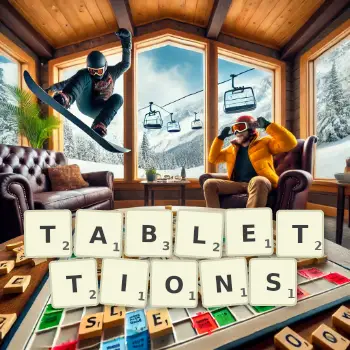 Illustration créative d'un jeu de lettres avec le mot TABLETTIONS épelé sur le plateau.