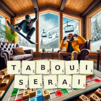 Illustration créative d'un jeu de lettres avec le mot TABOUISERAI épelé sur le plateau.