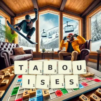Illustration créative d'un jeu de lettres avec le mot TABOUISES épelé sur le plateau.