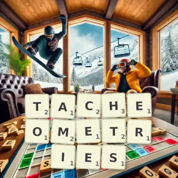 Illustration créative d'un jeu de lettres avec le mot TACHEOMETRIES épelé sur le plateau.